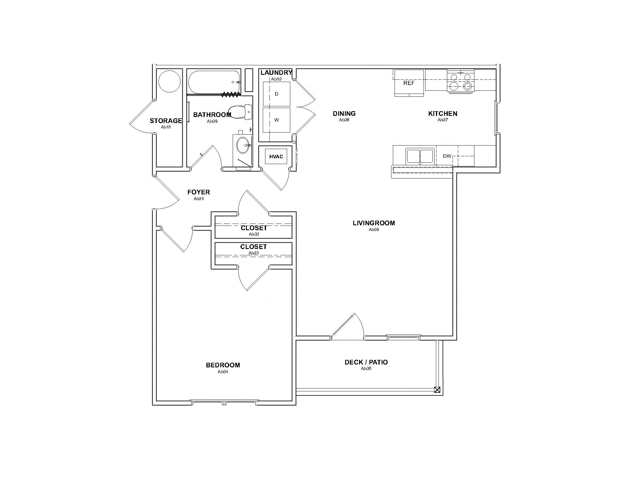 Floor plan for 1 bed, 1 bath, 990 sqft